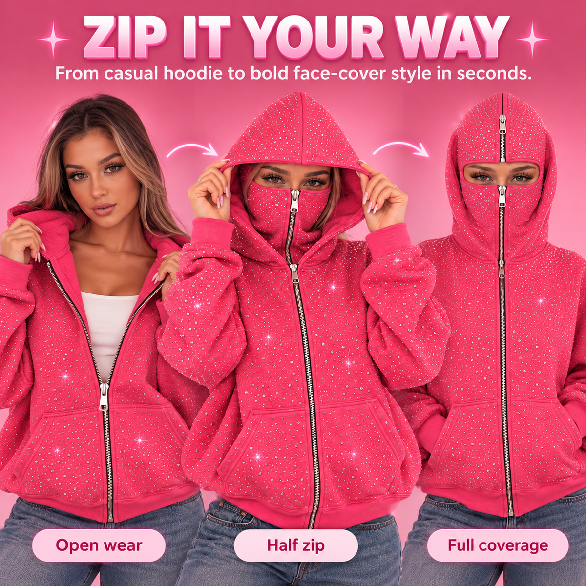 Three styling configurations of the pink rhinestone hoodie, showing open wear, partially zipped face cover and higher hood coverage