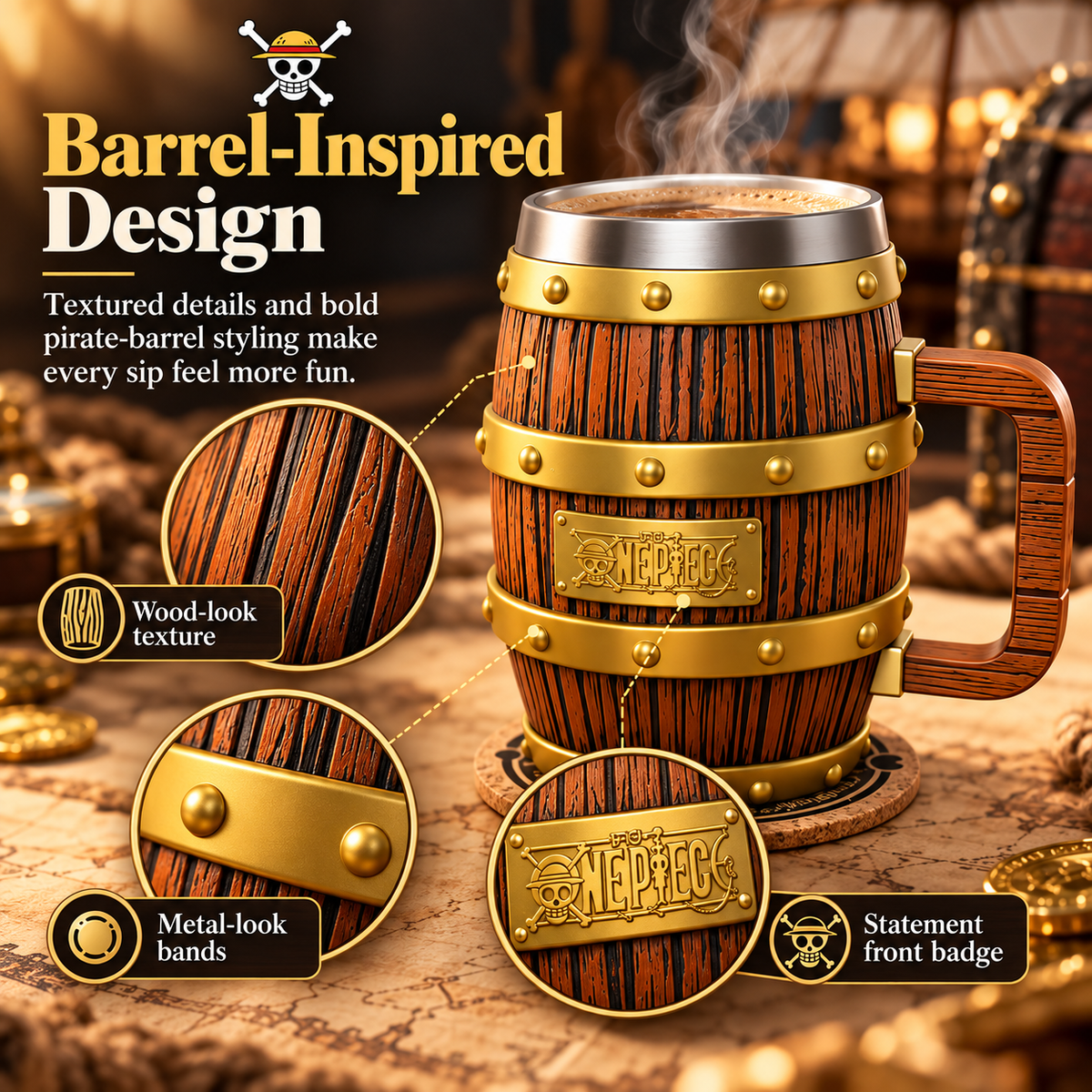 🪵Pirate Barrel Mug Set – Rustic Adventure-Inspired Mug with Lid & Coaster