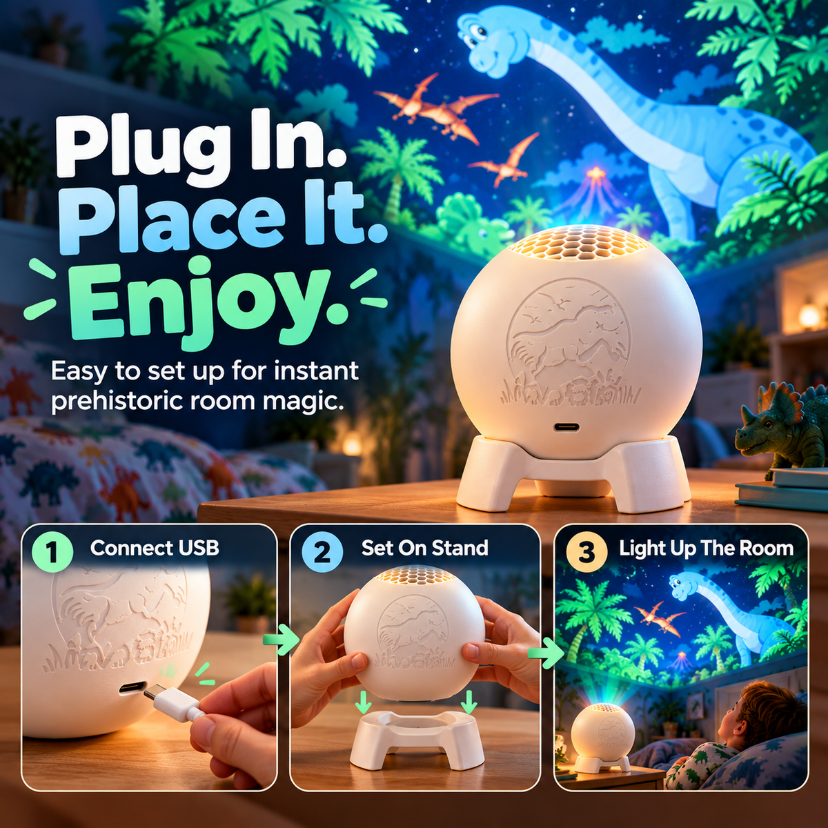 Three steps to set up the dinosaur projector using USB power and the included stand