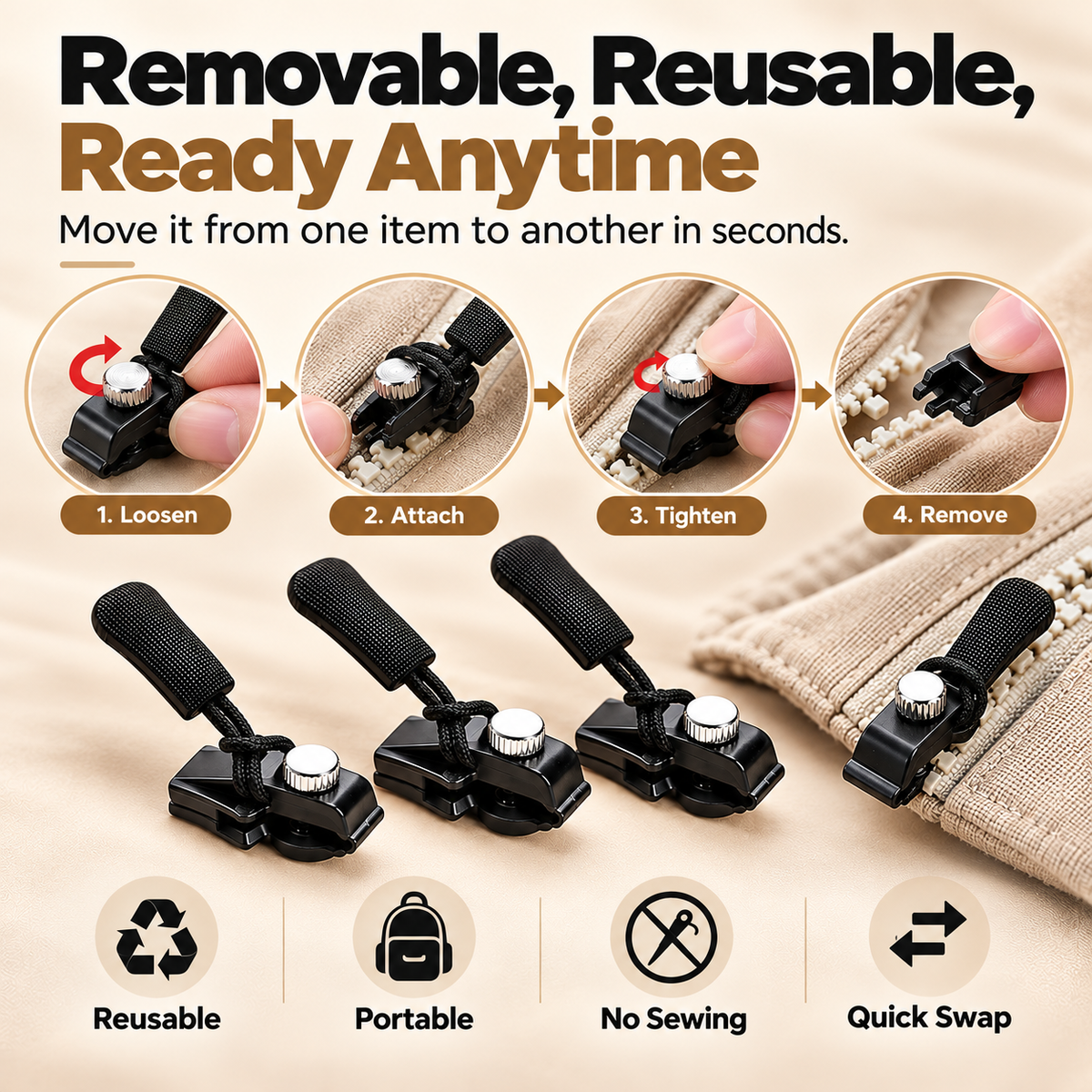 🔧✨ Universal Zipper Repair Kit – No-Sew Detachable Zipper Pull Replacement 🧥🎒 Quick Fix for Broken Zippers ⚡ Adjustable Screw-Lock Design 🔒 3 Sizes (S/M/L) for Jackets, Backpacks, Luggage & More 🧳💖
