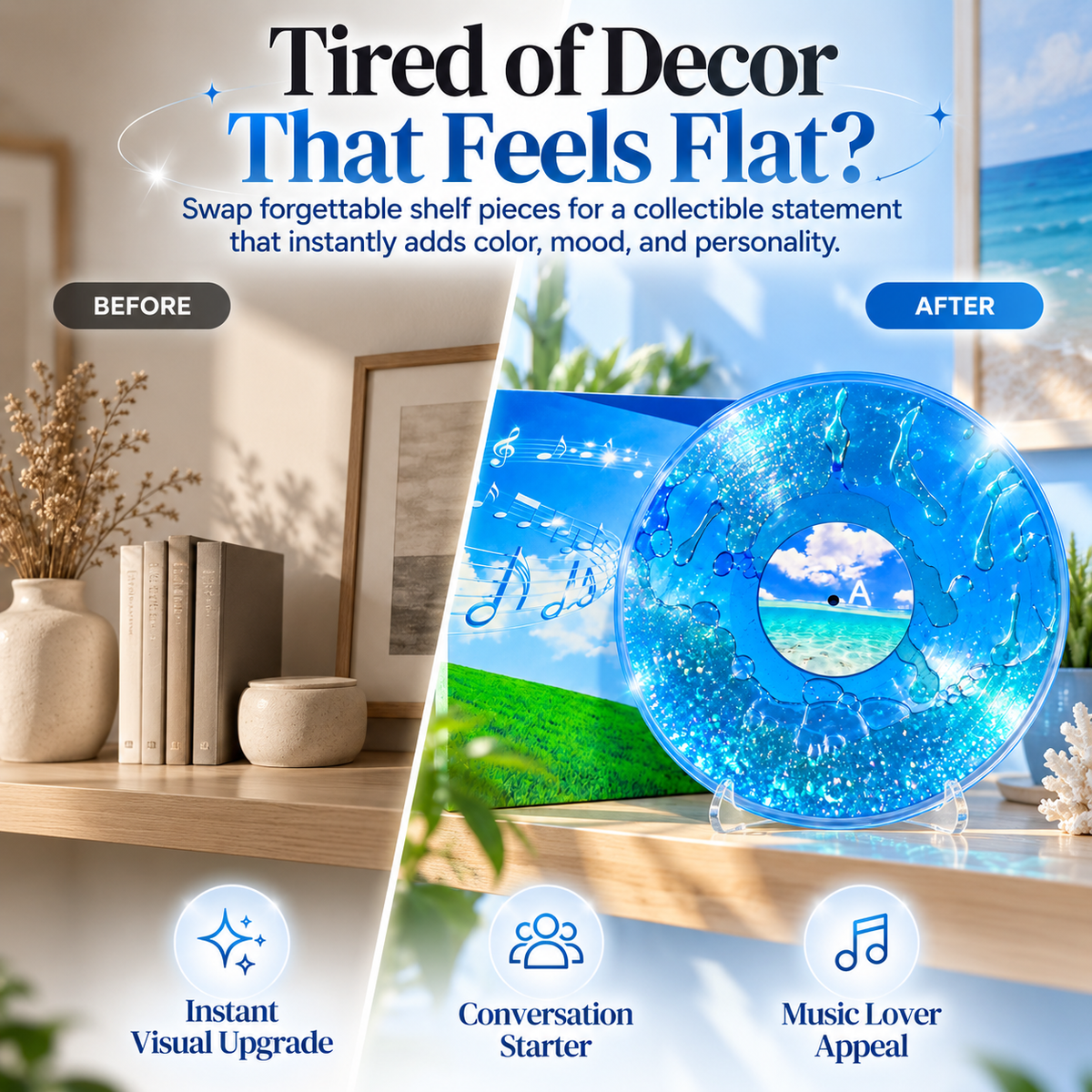 🌊Ocean Dream Liquid-Filled Vinyl Art Disc – Iridescent Glitter Collector Decor