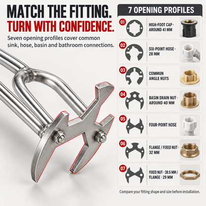 Seven opening profiles on the multi-size plumbing wrench