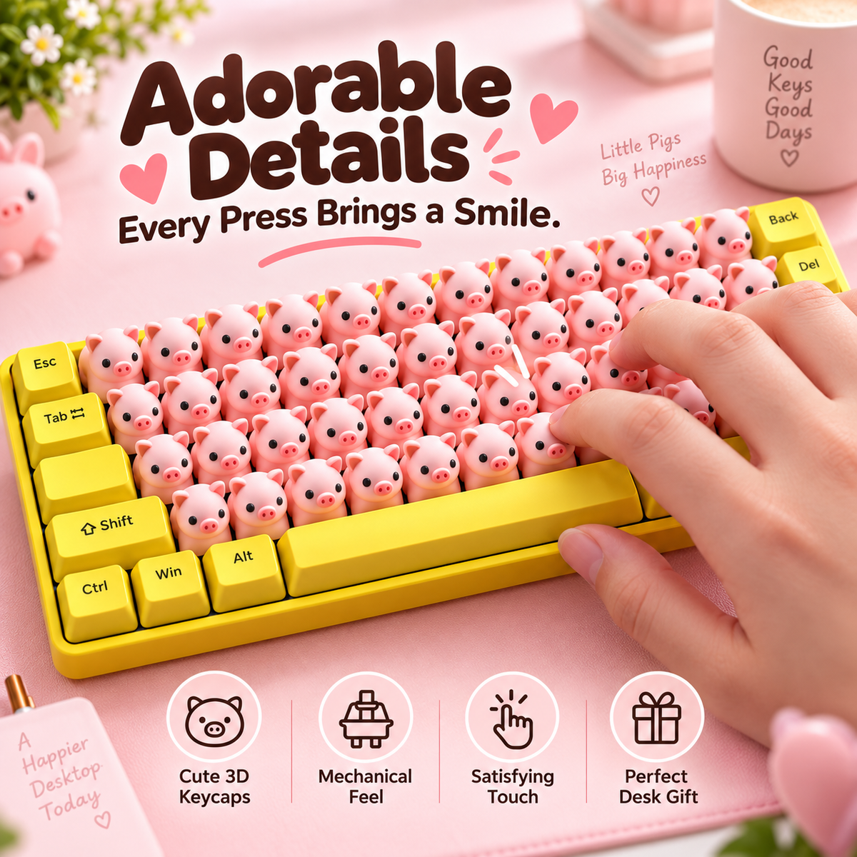⌨️68-Key 3D Animal Mechanical Keyboard – Pink Pig & Gray Critter