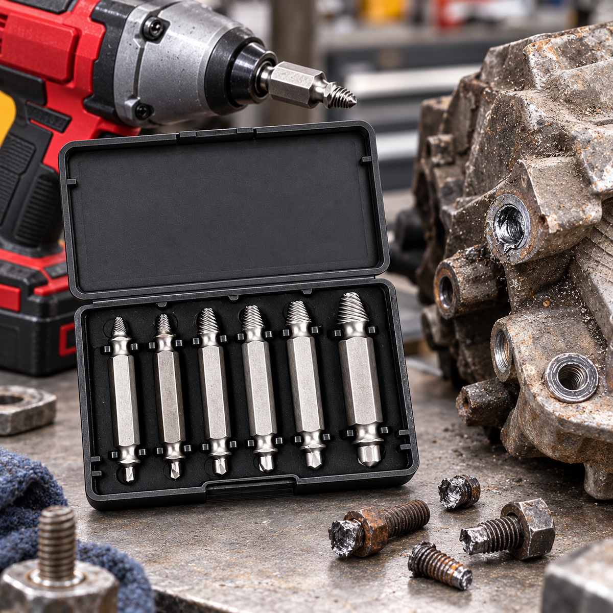 Screw extractor kit beside damaged and broken fasteners