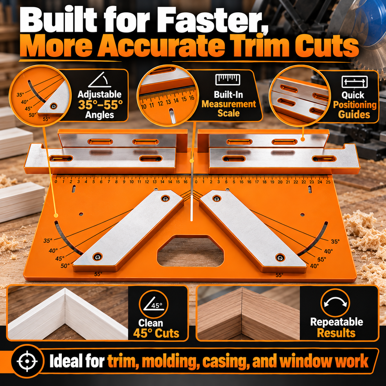Miter trim cutting jig showing adjustable angles, built-in measuring scale and repeatable cutting setup