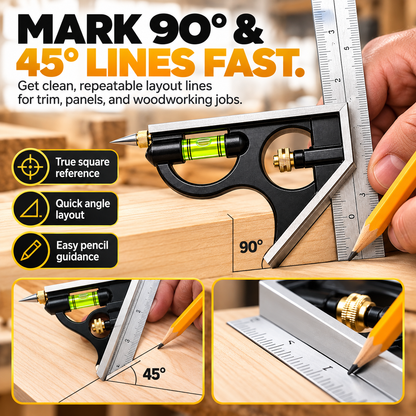 🔥 4-in-1 Multi-Function Woodworking Combination Square 📐🔧 Precision Measuring & Marking Tool 📏✨ with Built-In Bubble Level, 45°/90° Angle Ruler & Scribing Pin 🪚🛠️