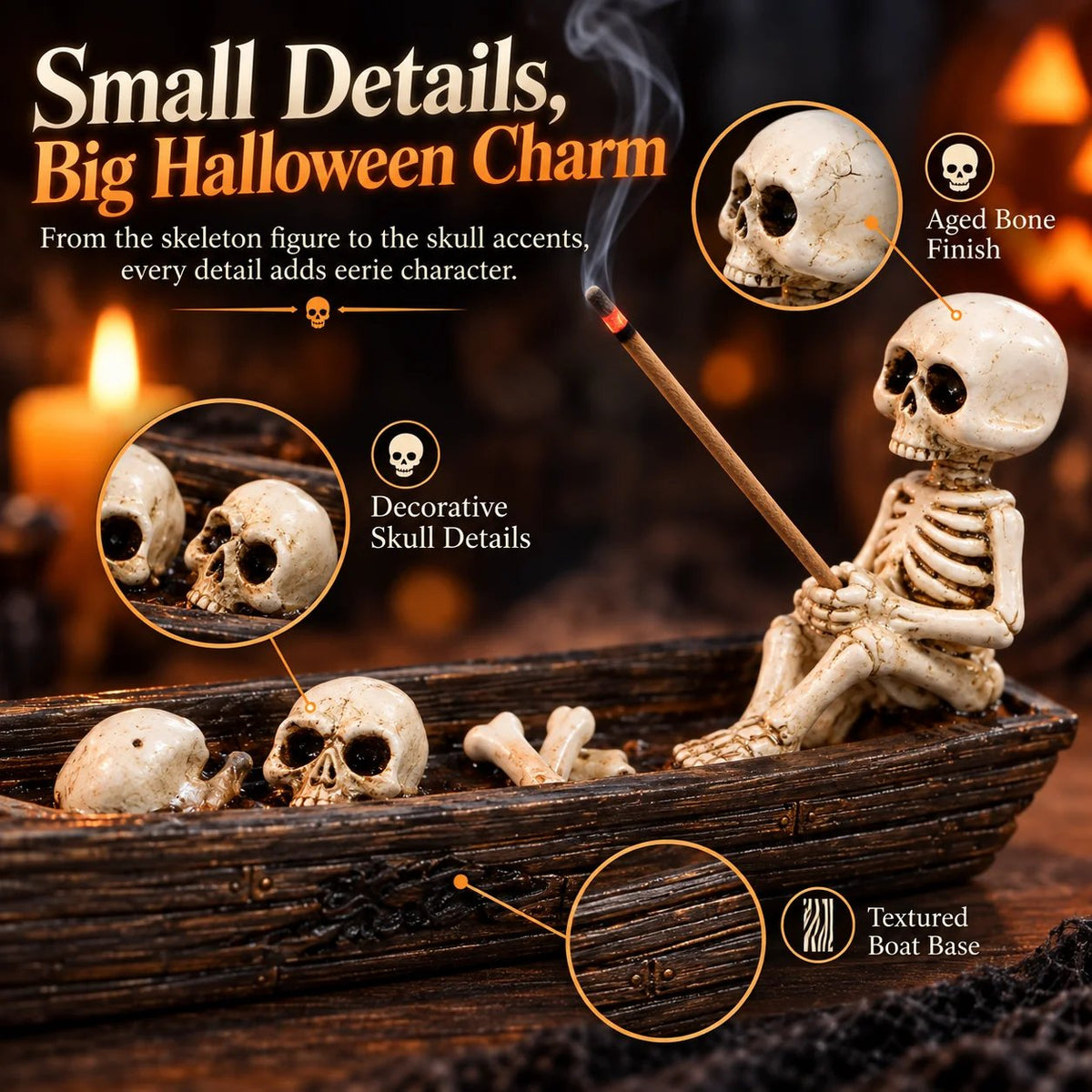 Close-up details of skeleton and skull boat incense holder