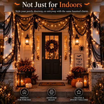 🕷️ Haunted Hallway Halloween Decor Set – Black Gauze, Warm LED Lights & Spooky Spider Decorations