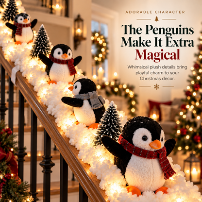 🐧 Lighted Penguin Christmas Stair Decor – 5-Piece Snowy Railing Display