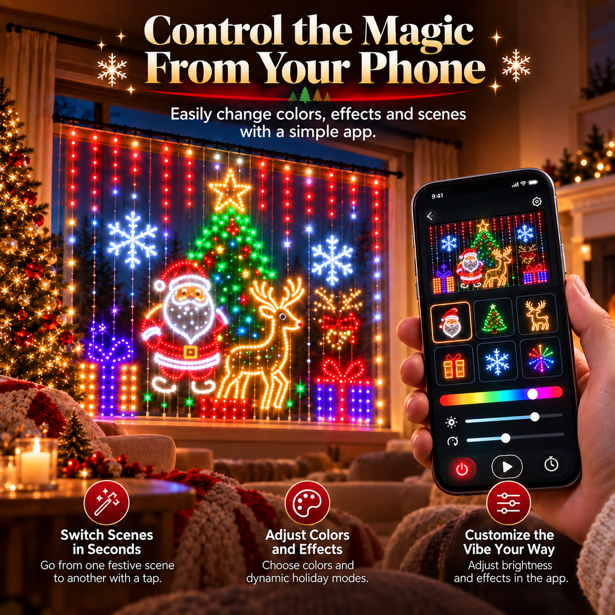 Smartphone controlling colorful Christmas curtain lights