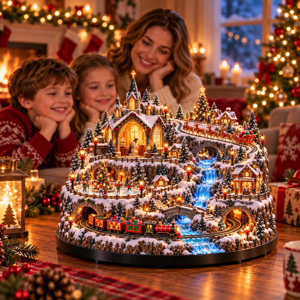 🔥 LAST DAY 49% OFF 🔥 Lighted Animated Christmas Village with Train, Reindeer Sleigh & Waterfall ✨