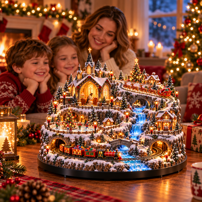 Family admiring a glowing Christmas village decoration at home