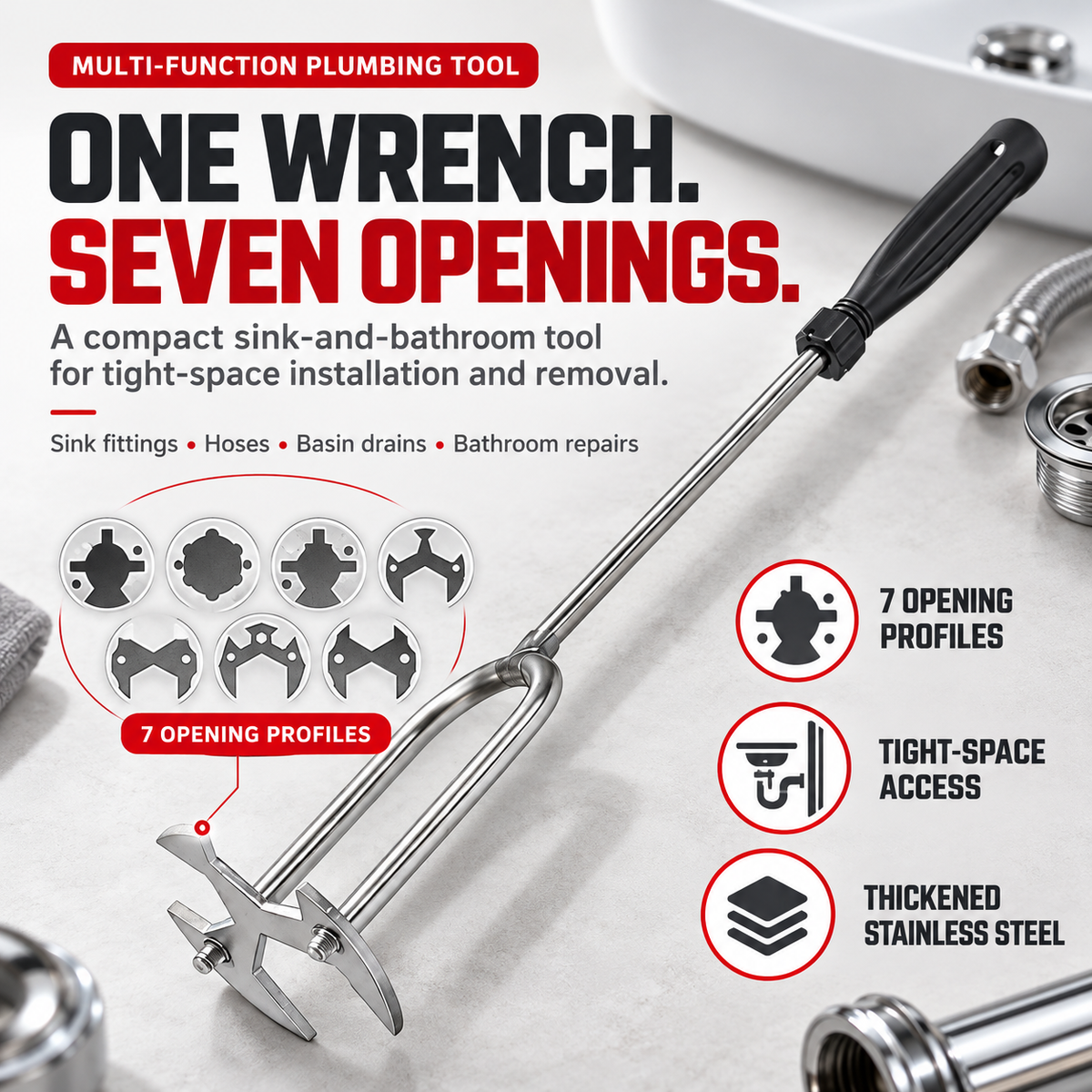 7-opening universal under-sink plumbing wrench on light background