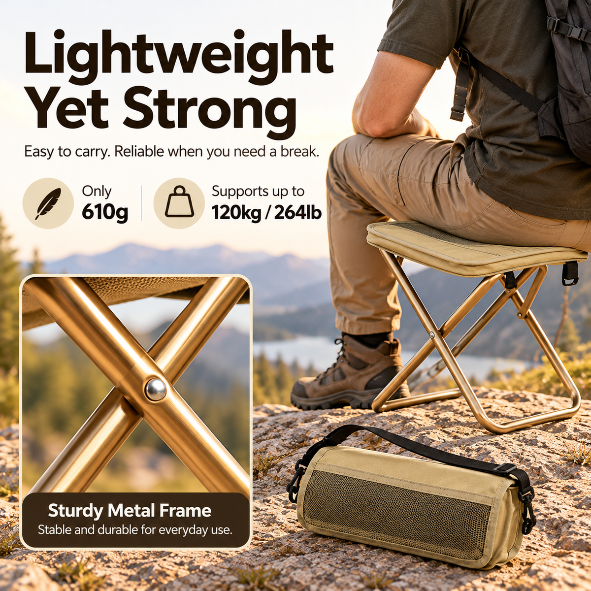 Lightweight folding stool with a metal frame showing 610 gram listed weight and 120 kilogram advertised capacity