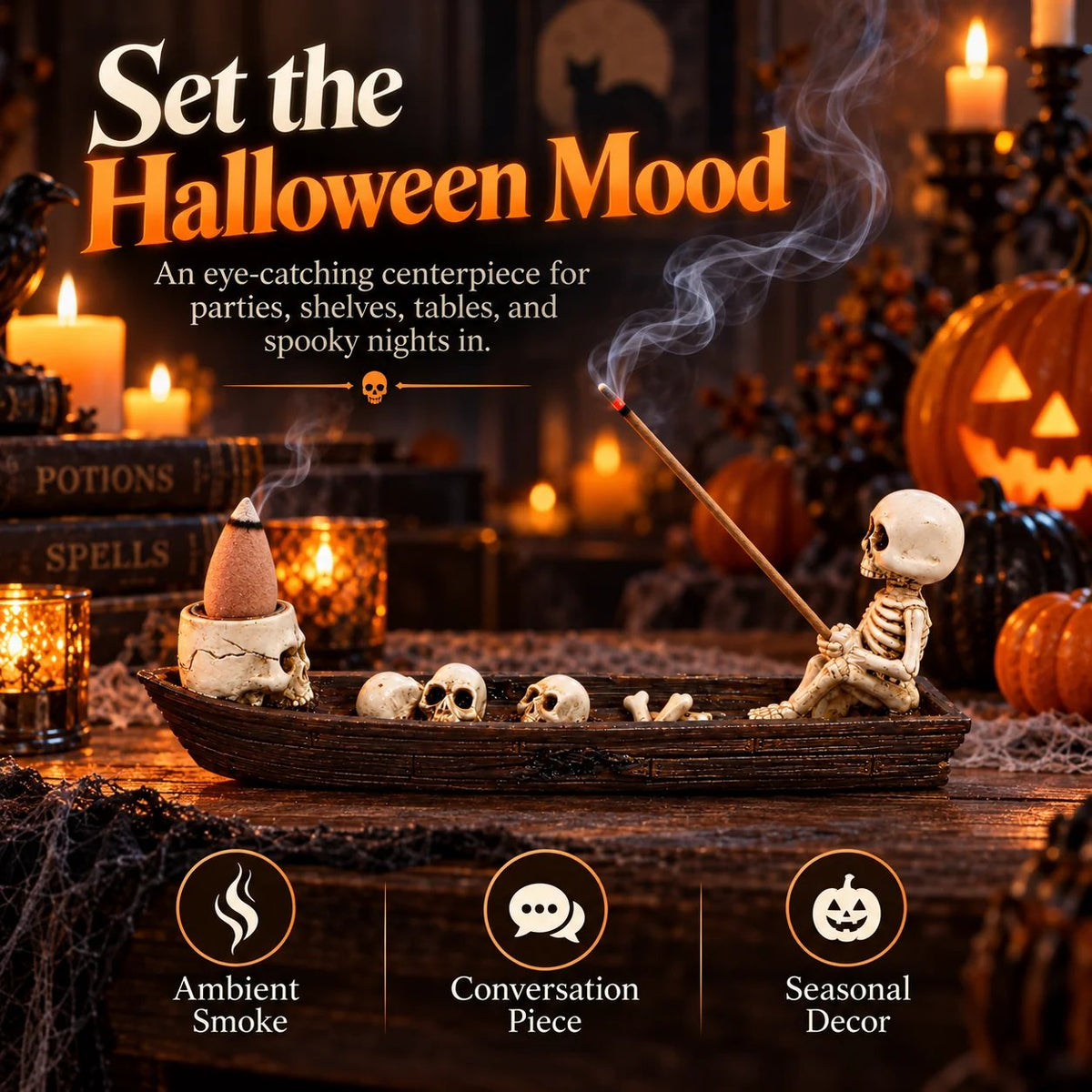 Skeleton incense holder creating Halloween tabletop atmosphere