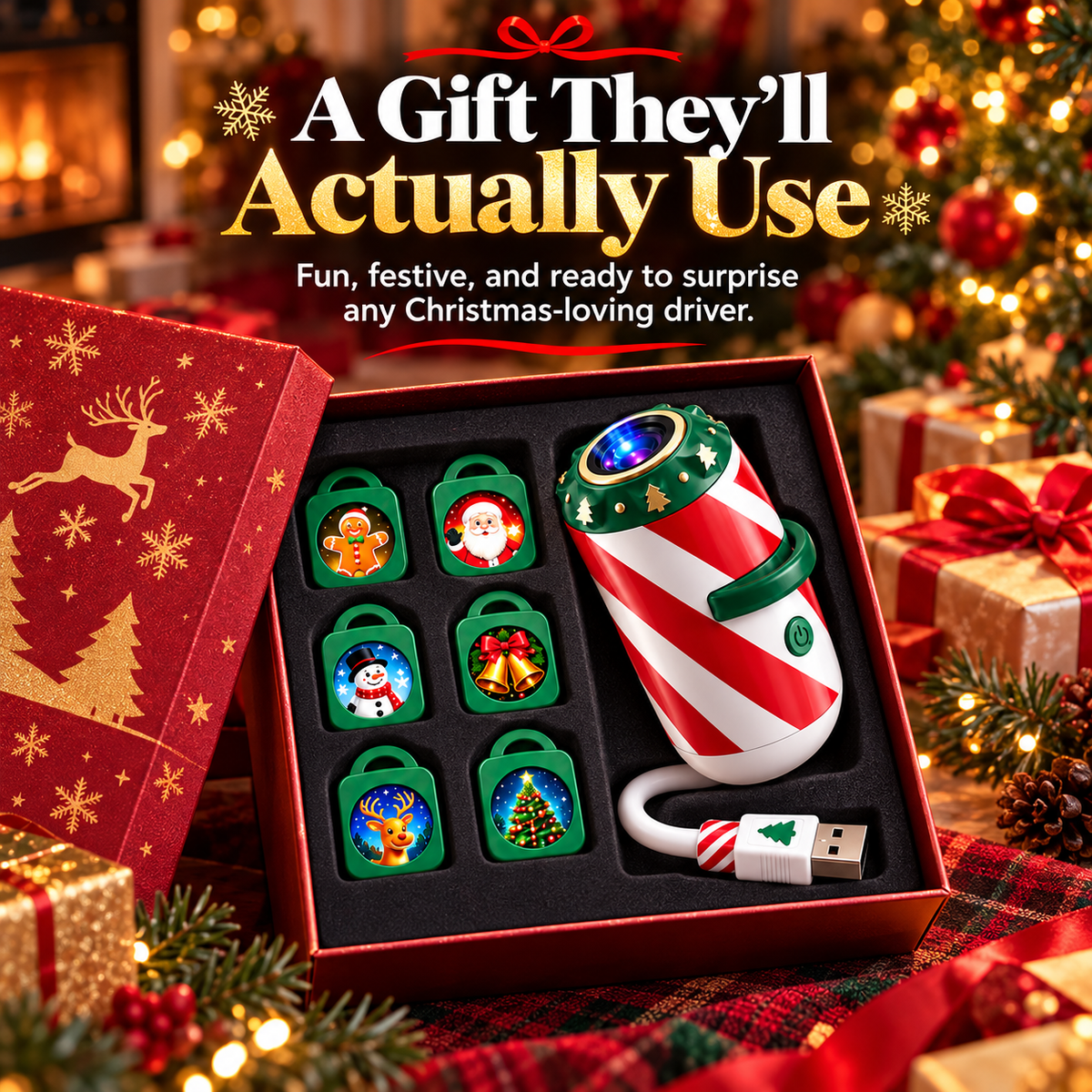 Christmas car projector presented in festive gift box with interchangeable slides