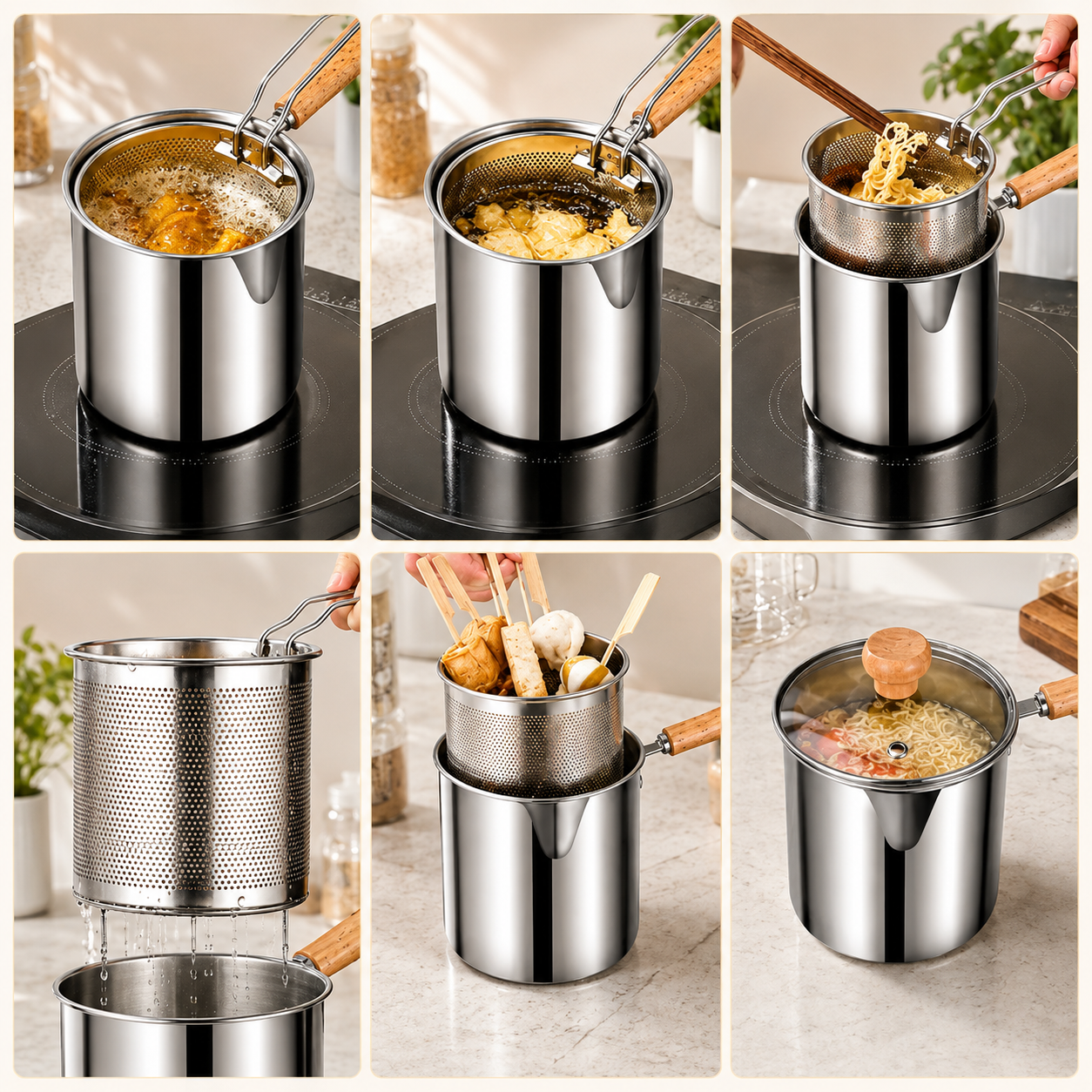 1 Set Stainless Steel Stock Fry Pot with Strainer Basket,Fry Pot with Basket and Lid for Frying Shrimp Chicken Fries