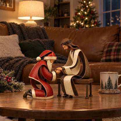 ⏳ Last Day 49% OFF – ✝️ Santa Kneeling Before Jesus Christmas Figurines | Meaningful Wood & Iron Faith Décor 🎄