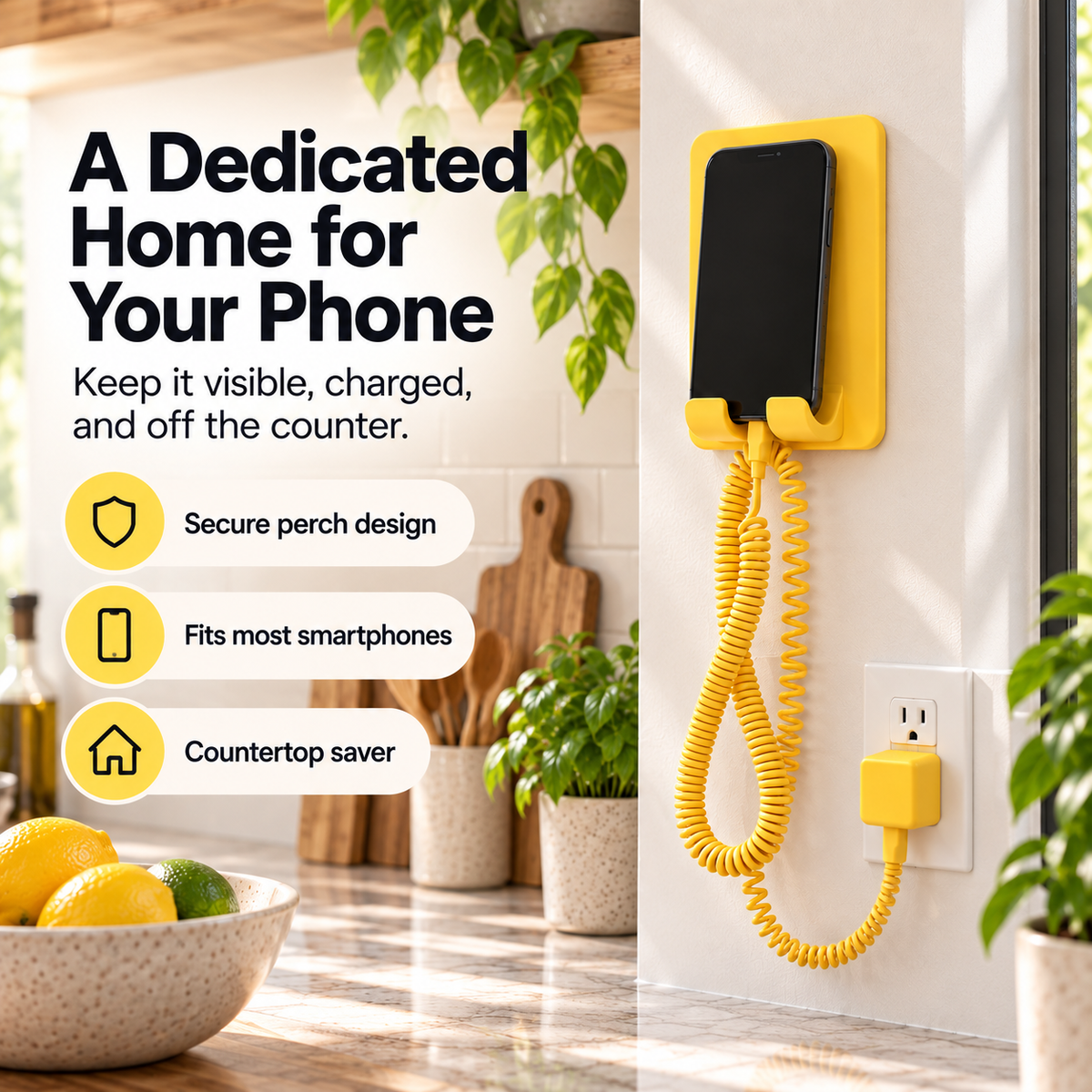 Retro Wall-Mounted Phone Perch Bundle – 6 ft+ Coiled USB-C Charging Station