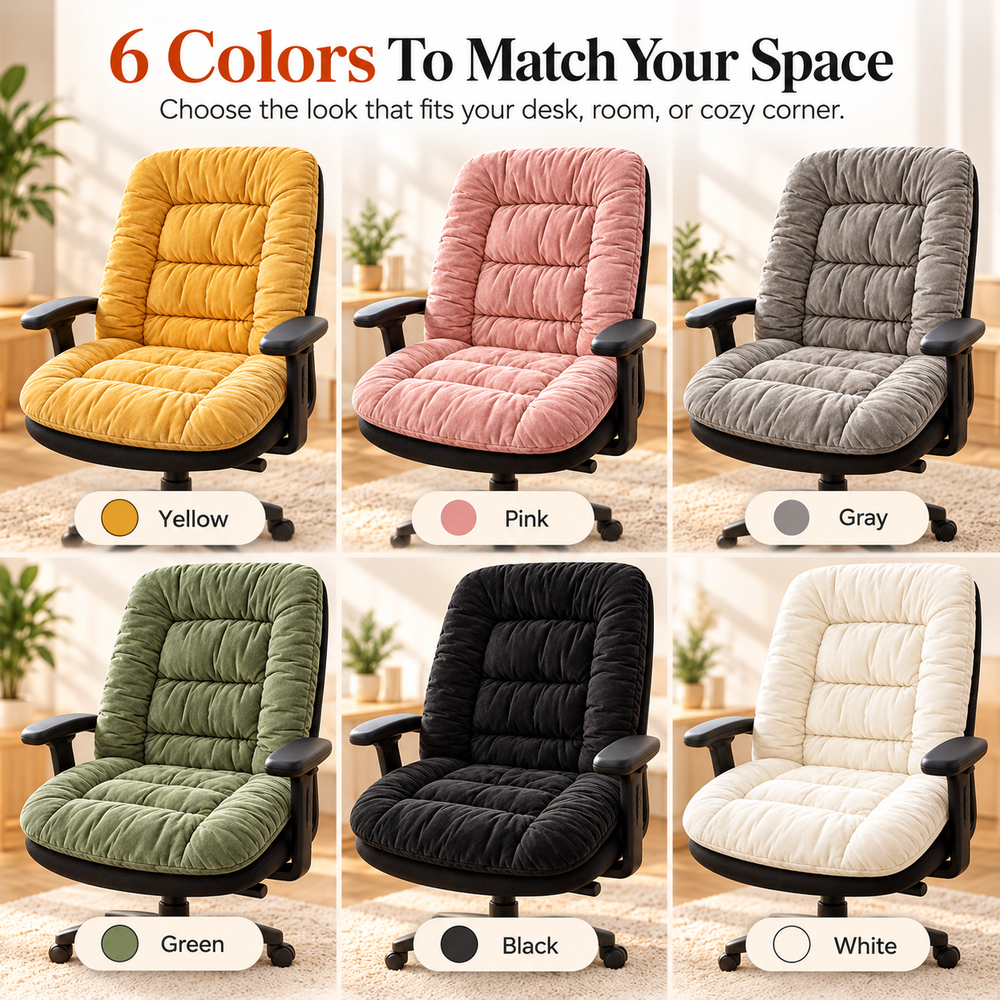 Six colors of plush quilted heated office chair cushion: yellow, pink, gray, green, black and white
