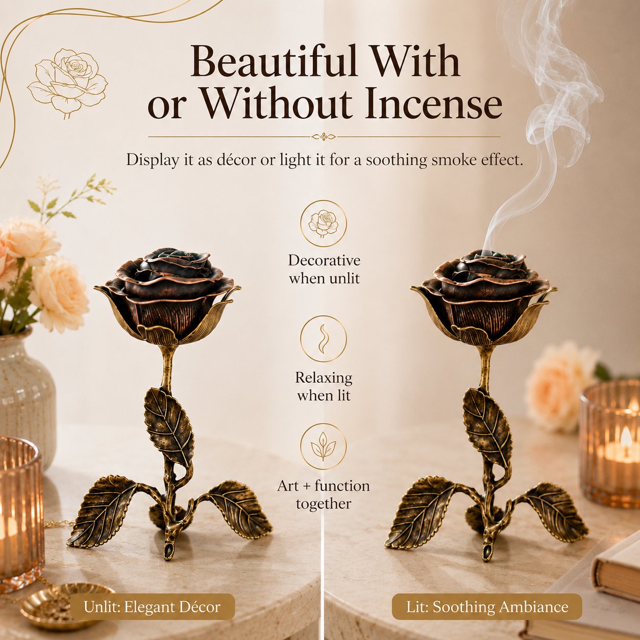 🔥LAST DAY 50% OFF - 🌹💕Vintage Rose Incense Burner – Elegant Metal Incense Holder for Home Décor & Meditation