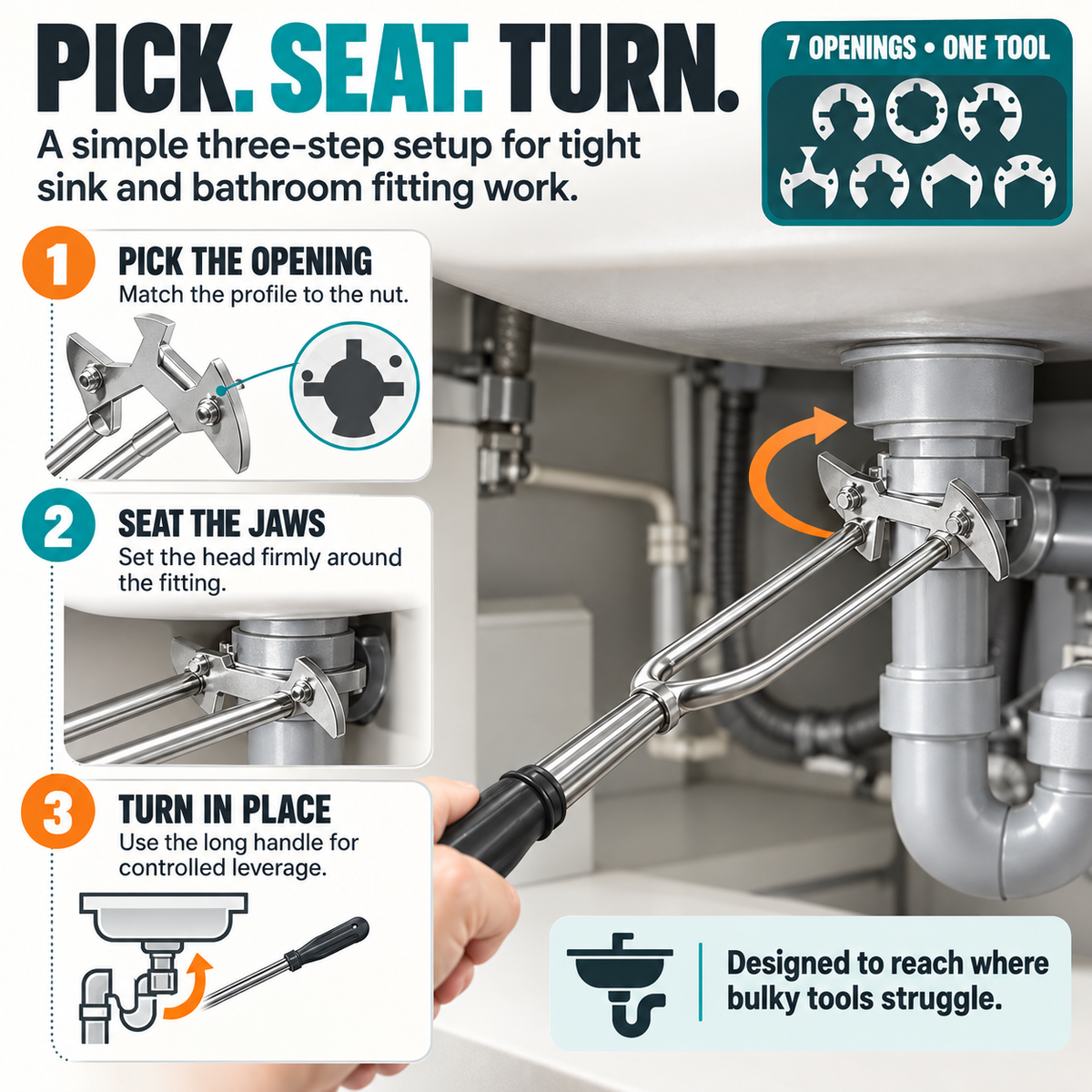 Sink wrench shown for compatible bathroom and kitchen plumbing use