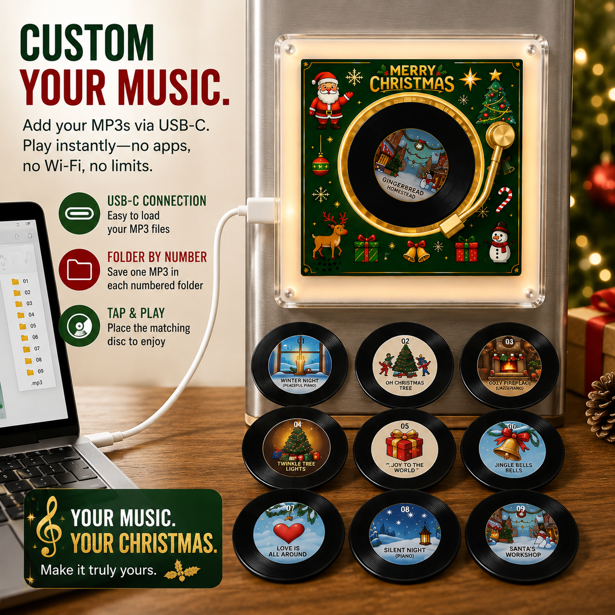 🎄🎵Christmas Fridge Magnet Music Player Set with 9 Vinyl Style Discs and USB C