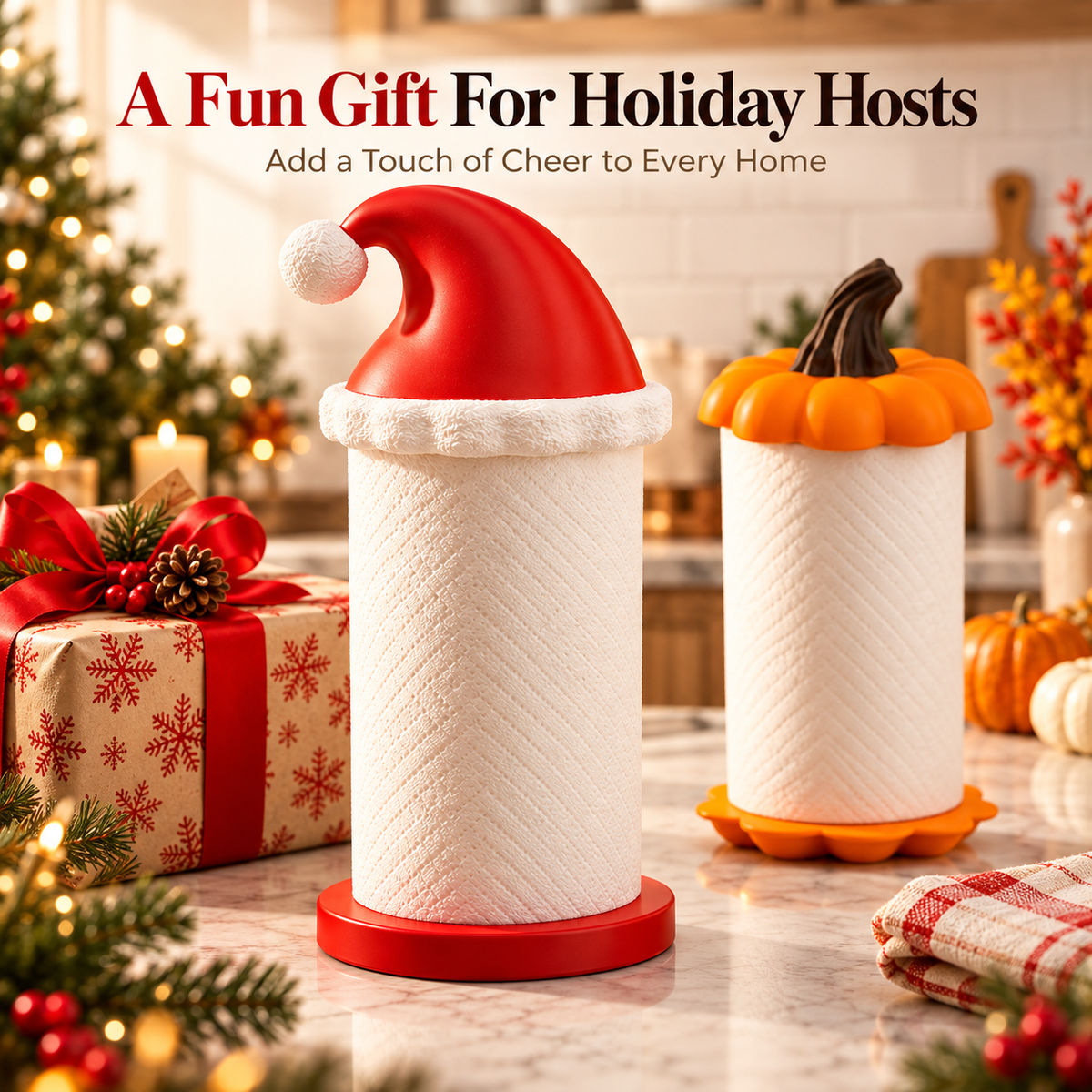 🎅🎃 Festive Holiday Paper Towel Holder 🎄✨ Cute Santa Hat & Pumpkin Design 🏡🍂 Kitchen Countertop Decor 🎁 Perfect Holiday Gift