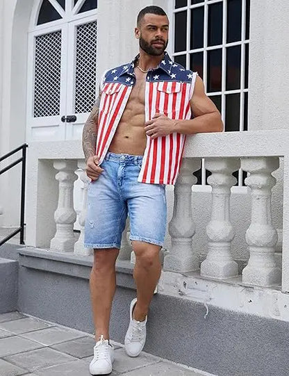 Yuanbang 4th of July Men’s and Women's American Flag Denim Vest - 4th of July Patriotic Casual Sleeveless Jacket