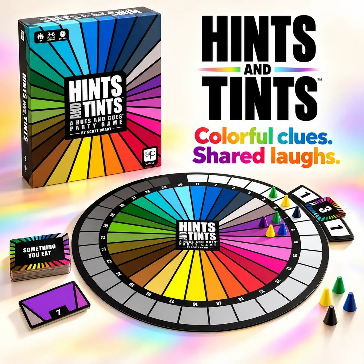 Hints and Tints colorful circular party game with cards and pawns