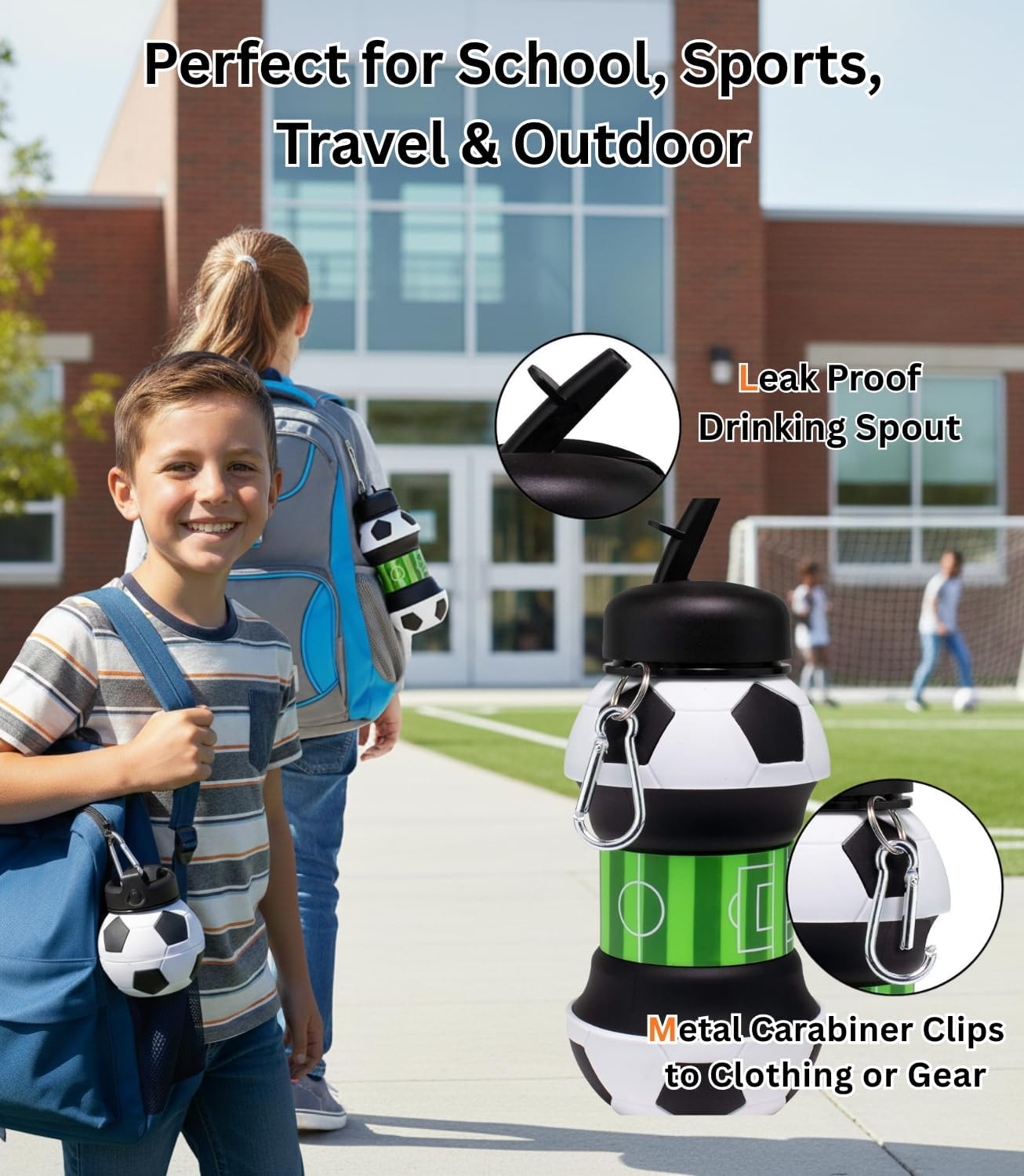 ⚽ Soccer-Shaped Collapsible Silicone Water Bottle | BPA-Free Leak-Proof Sports Cup for Kids