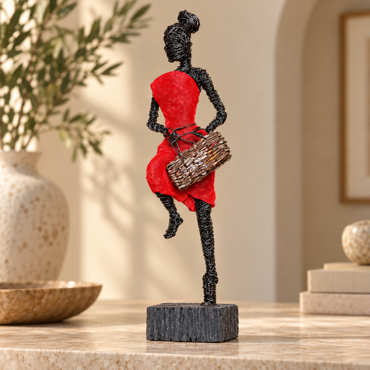 Handmade Wire Art Sculptures – Expressive Red-Accent Figurines for Home & Office