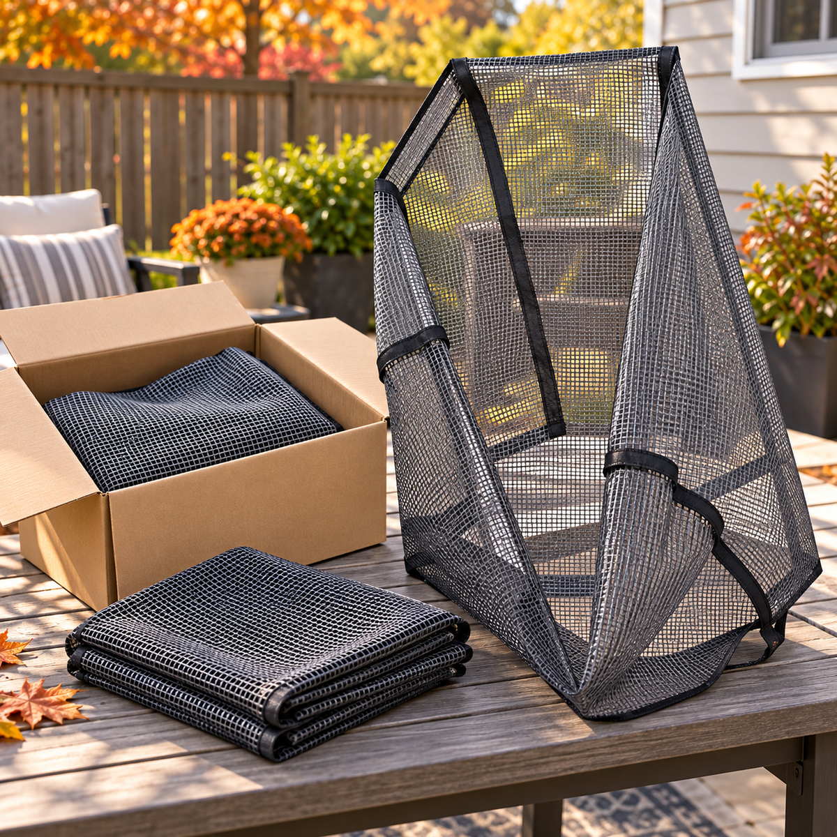 Foldable breathable mesh AC cover shown before installation