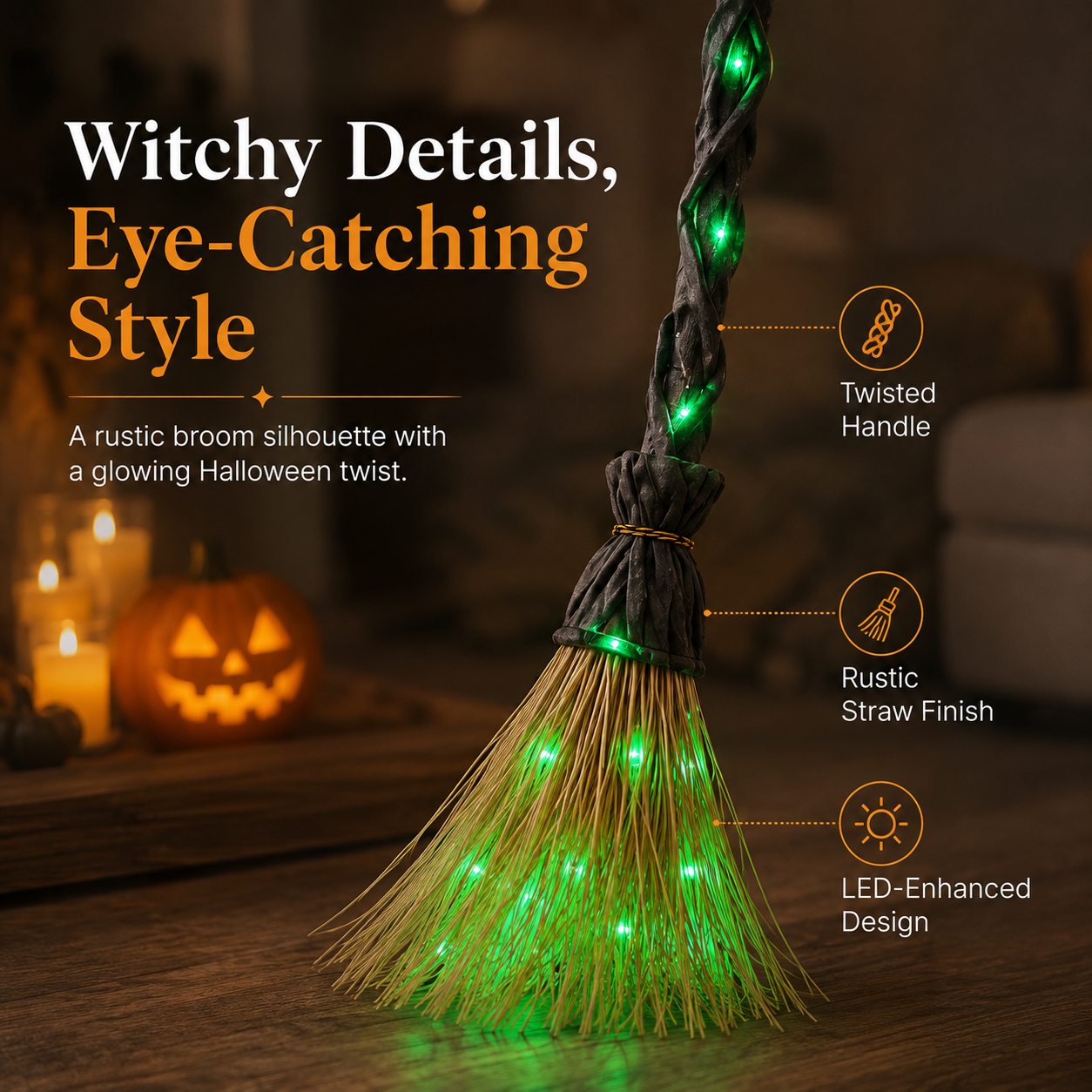 Light-Up Witch Broom Halloween Decor – Spooky Green LED Witch Broom