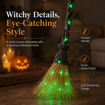 Light-Up Witch Broom Halloween Decor – Spooky Green LED Witch Broom