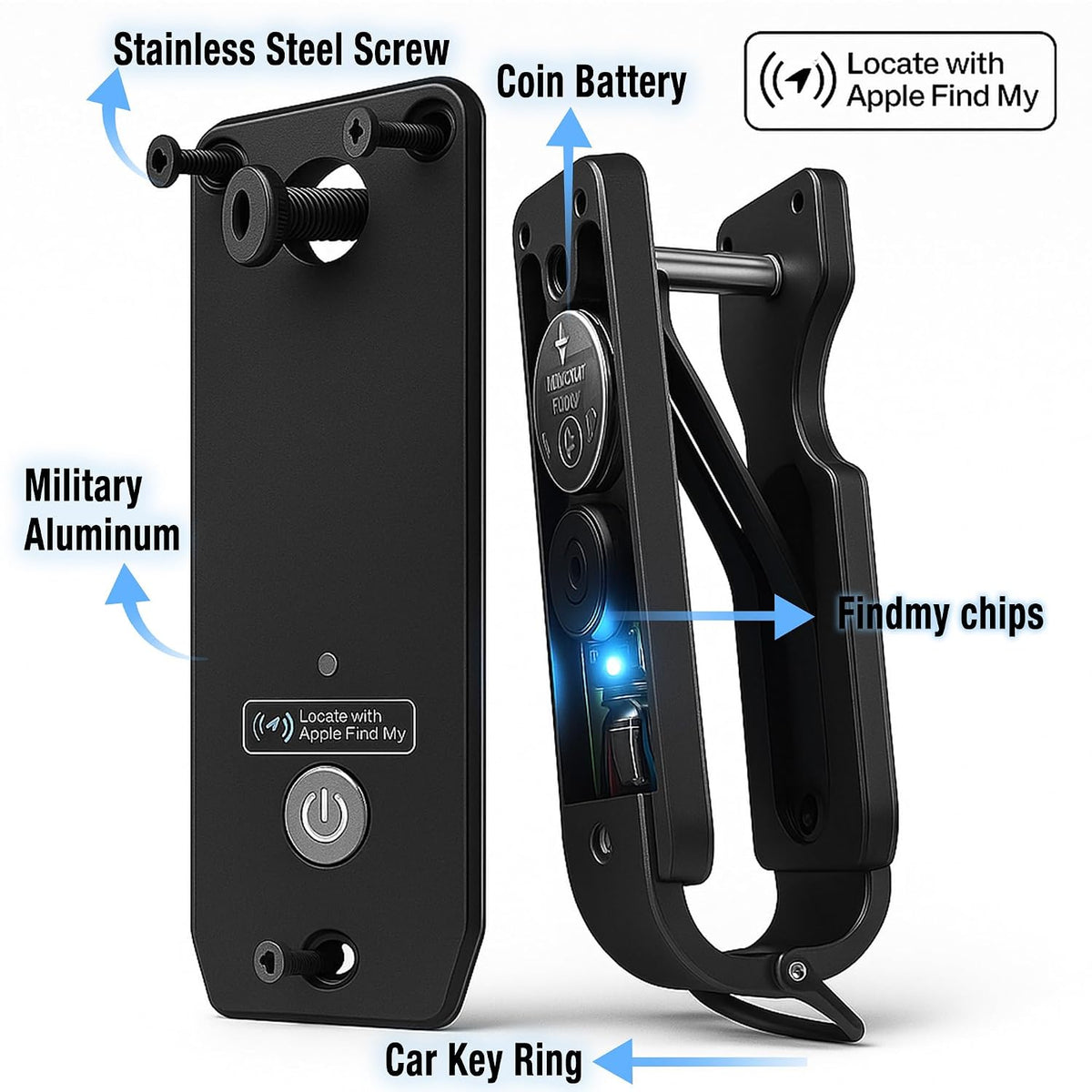 Air Keychain for Outdoor Enthusiasts: Lightweight Aluminum GPS Tracker Key Holder for Men & Women, Black, Small