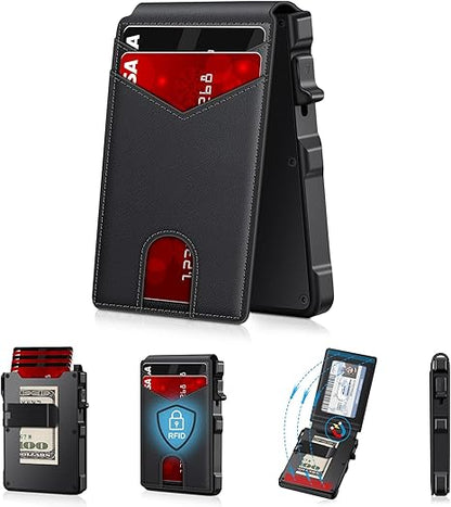 😲RFID Blocking Minimalist Pop-Up Wallet | One-Second Card Eject Design & Ultra Slim Pocket Wallet