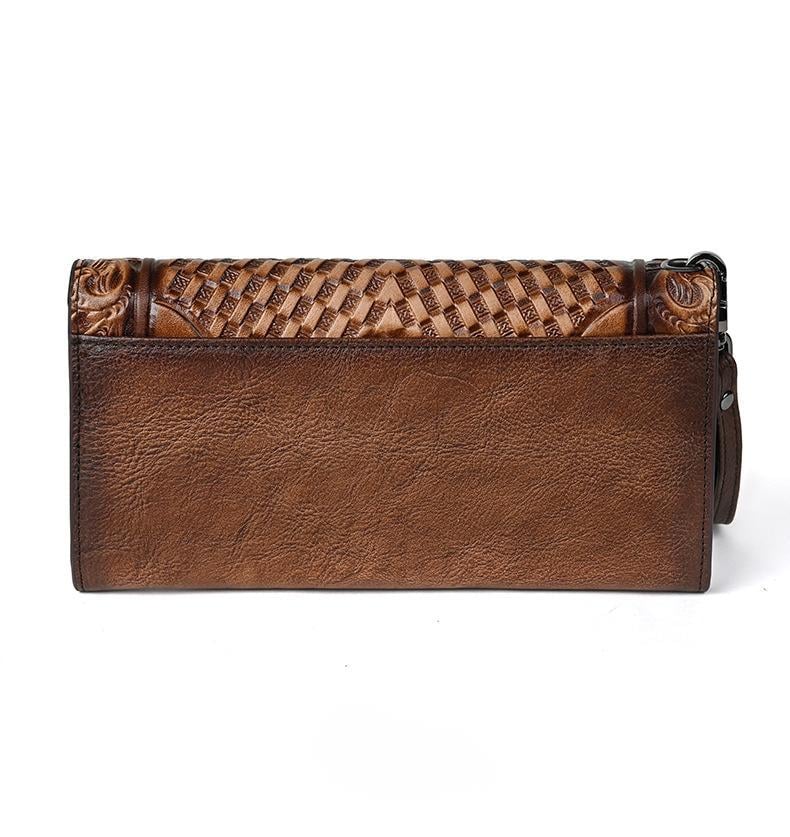 Genuine Leather Hand-Tooled Vintage Floral Wallet – Western Style Clutch & Wristlet