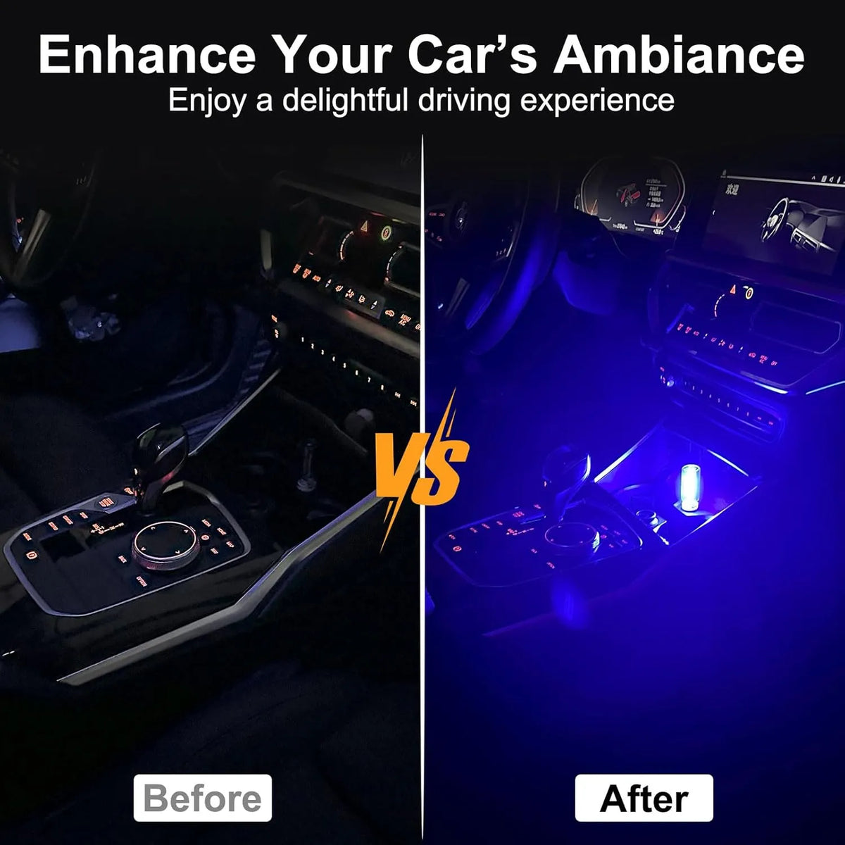 Before and after car interior with blue USB ambient night light