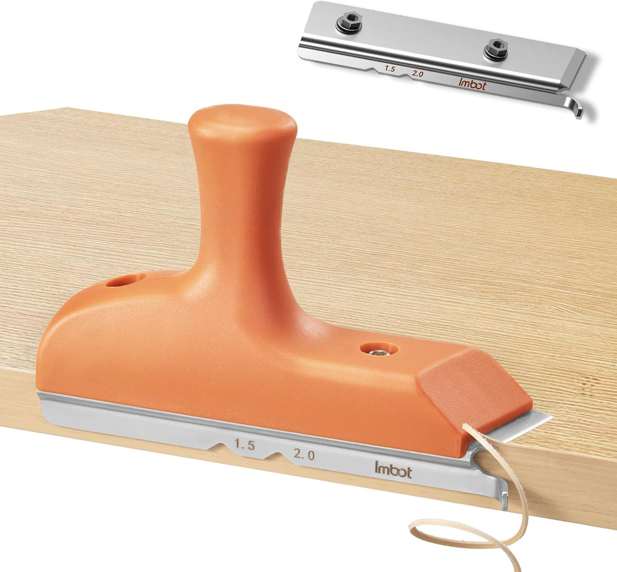 Orange IMBOT 3 in 1 edge banding trimmer trimming excess edge band from a furniture panel