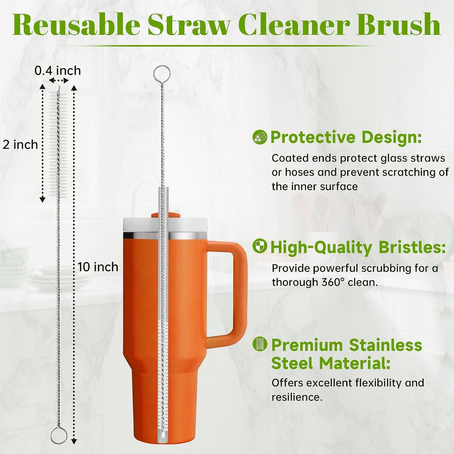 10 Pieces Stainless Steel Straw Cleaner Brush Set (10 & 12 Inch) - Extra Long for Tumbler, Water Bottle, Tubes, Sippy Cup