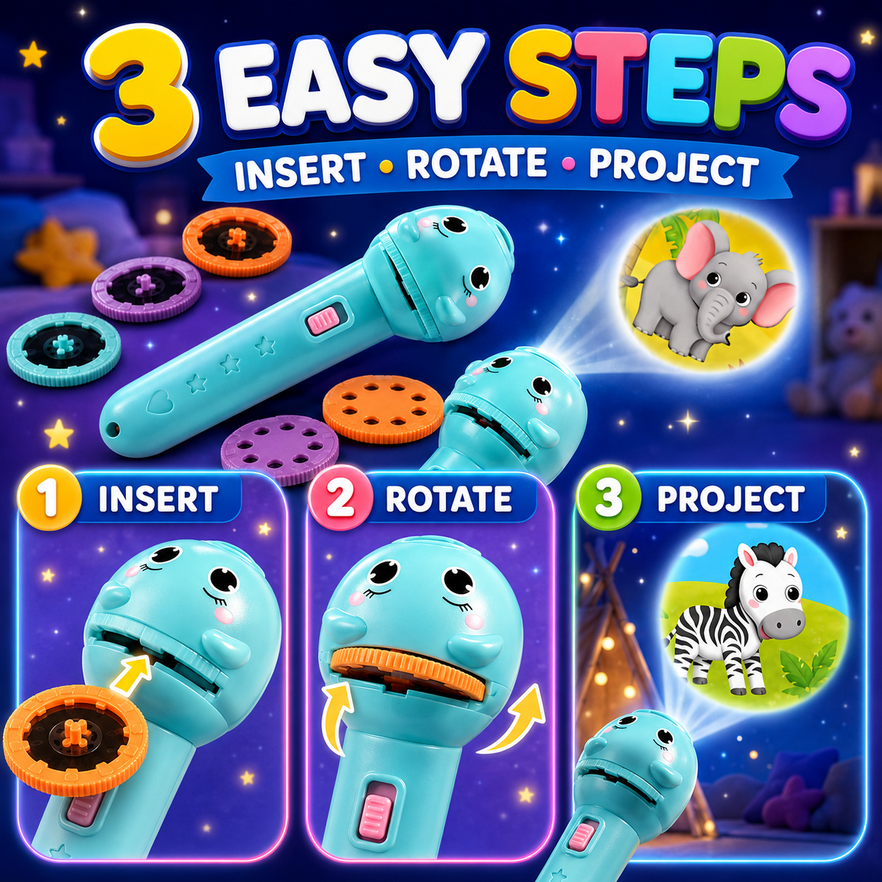 🎨Cartoon Projector Flashlight Toy – Animal Projector for Kids