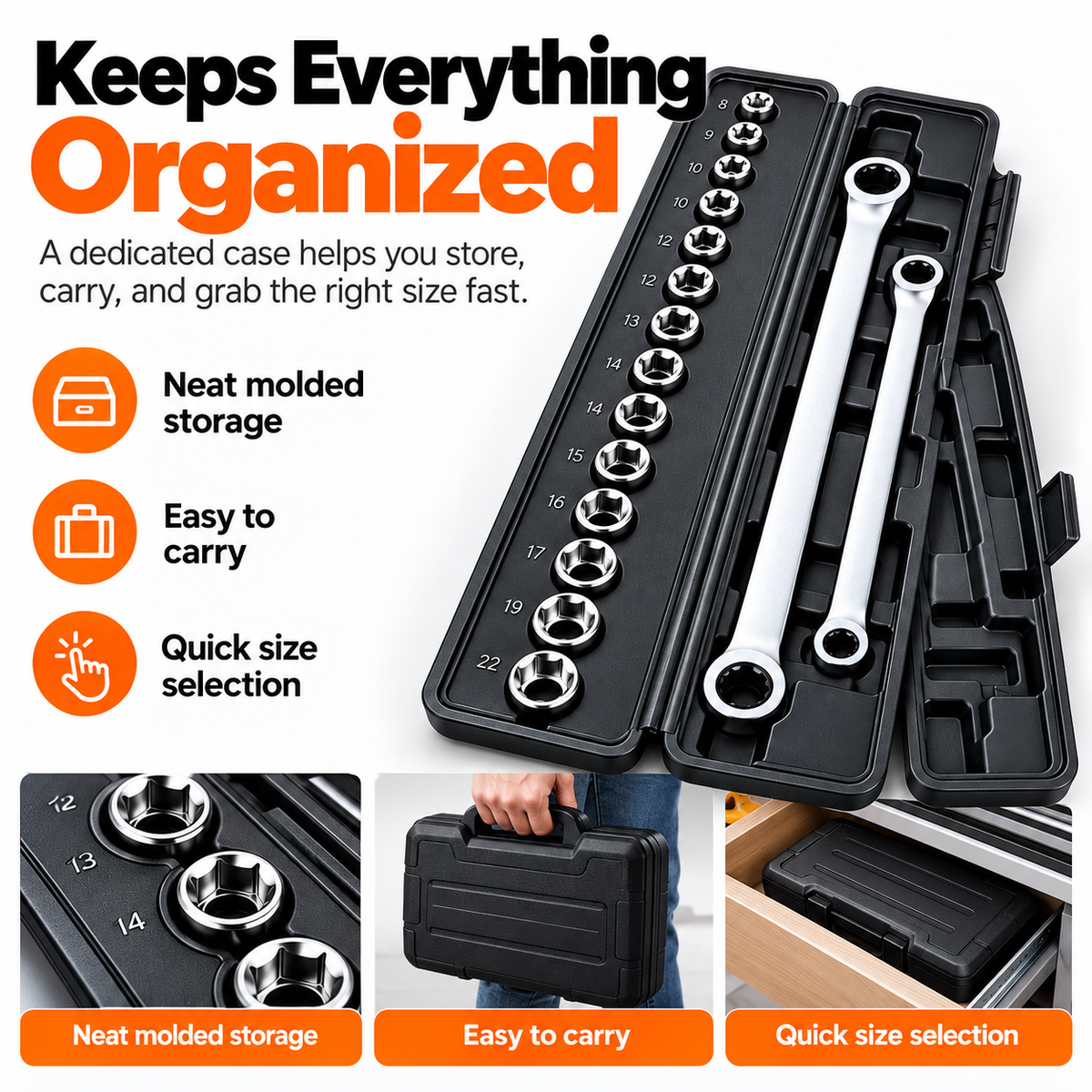 Organized ratcheting wrench and socket set in molded portable storage case