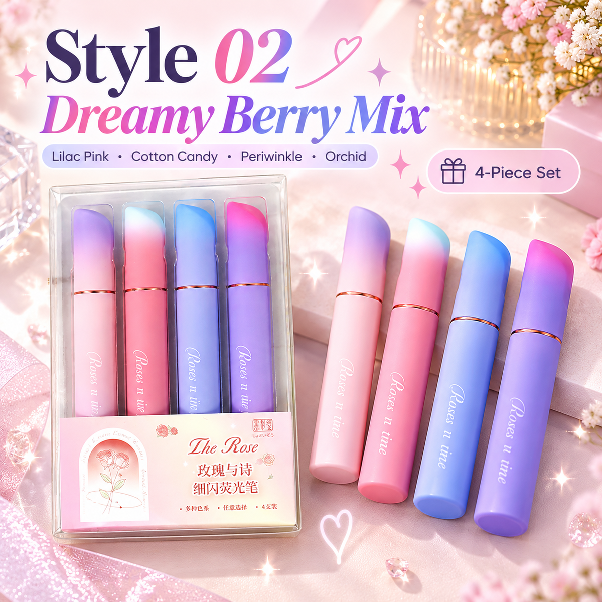 ✨🌈💖 Sparkly Pastel Highlighter Pens Set – 4-Piece Gradient Glitter Markers for Journaling, Study Notes & Planners 🖊️📚🎀💕
