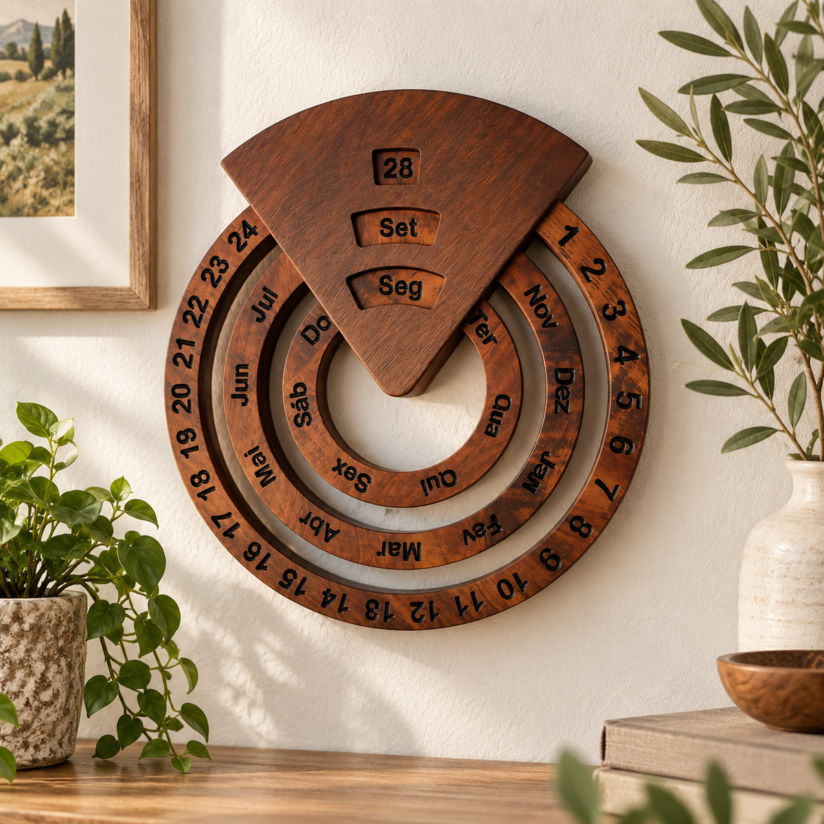 Reusable wooden perpetual calendar hanging on wall with plants