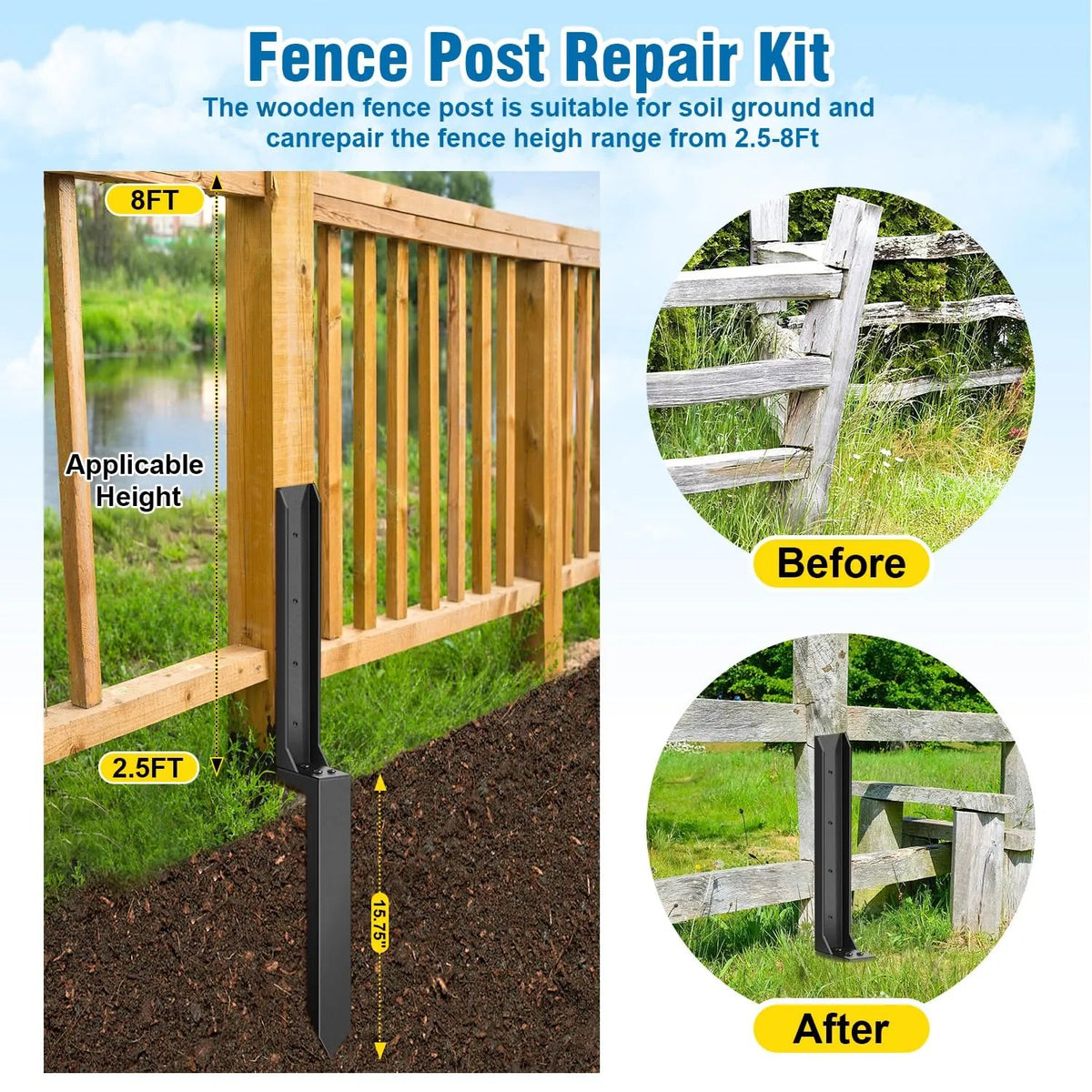 🔨Heavy-Duty H-Shaped Fence Post Repair Kit