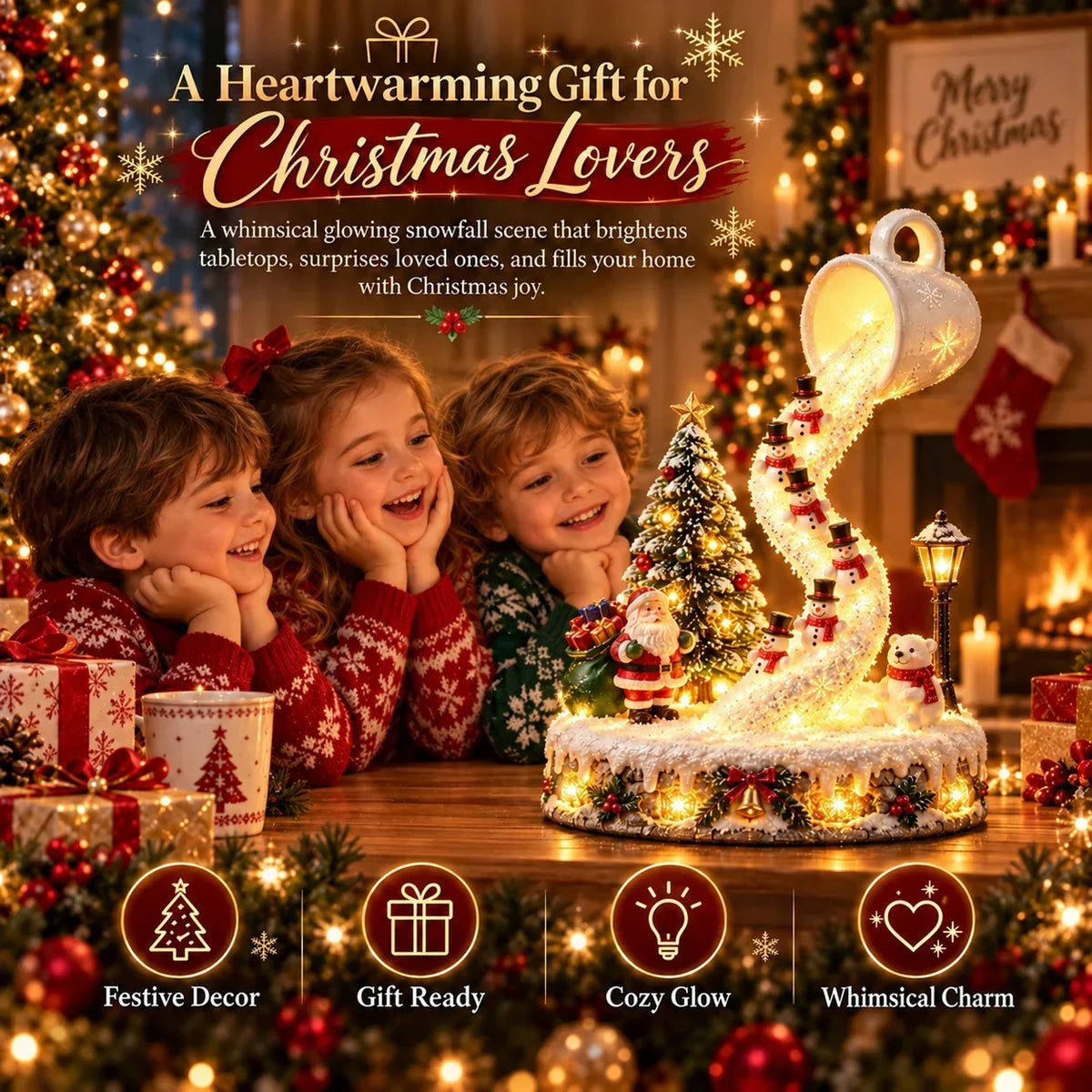 Snowman mug Christmas decoration shown with children in a festive gift setting