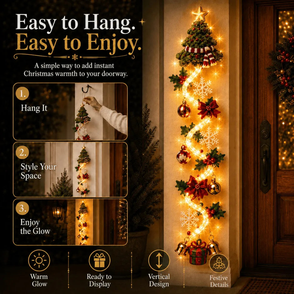 🎄MerryCascade™ Glowing Christmas Door Hanger | 6 Festive Lighted Designs with Warm Glow, Dimensional Details & Space-Saving Vertical Décor