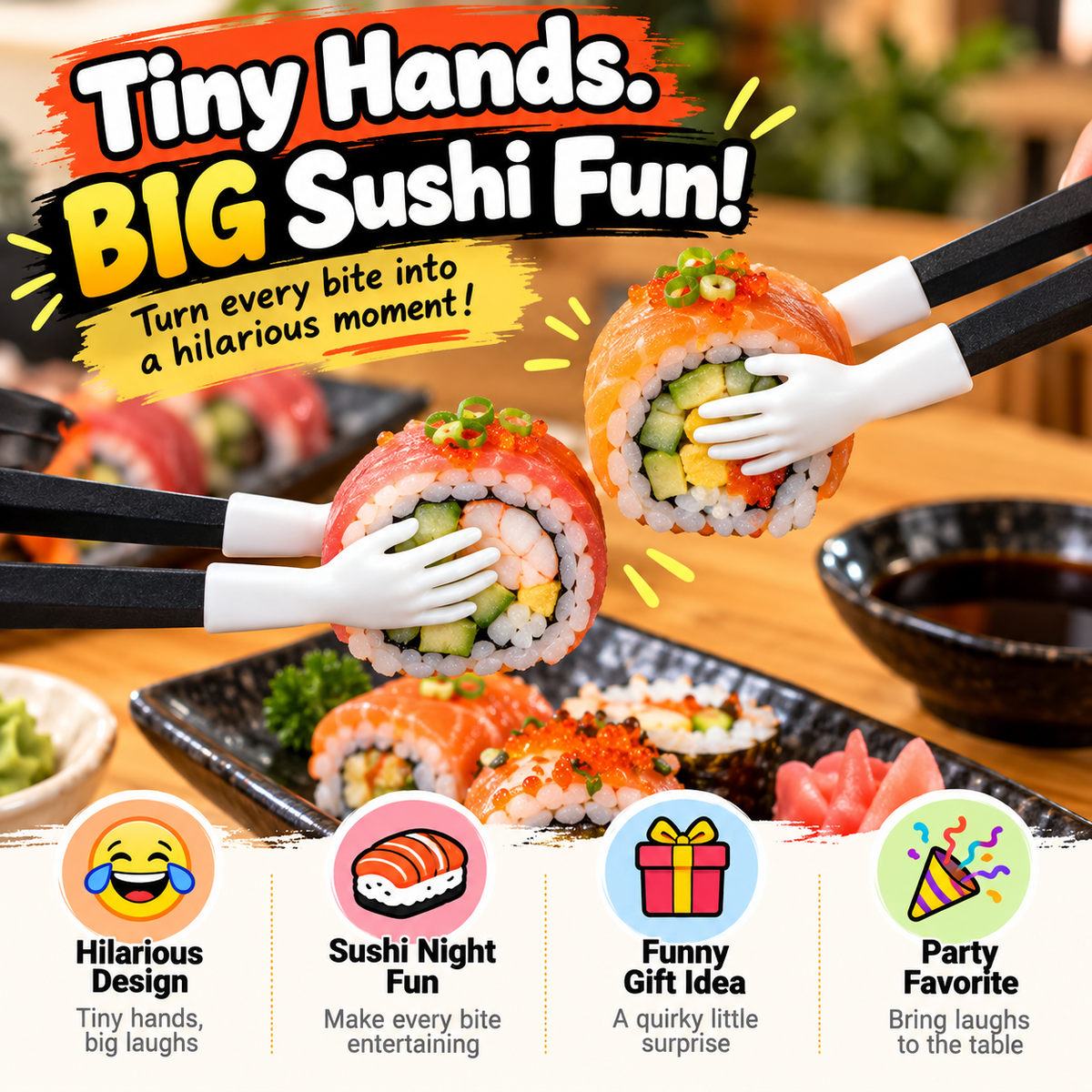 😂 Funny Tiny Hands Sushi Chopsticks – Hilarious Mini Hand Food Grabber for Sushi Lovers & Party Gifts