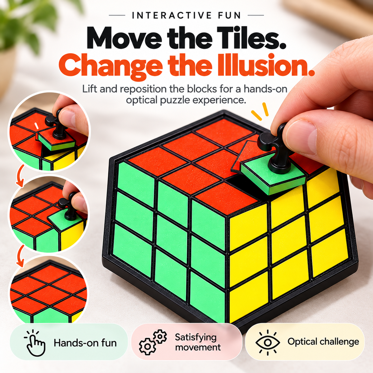 A hand lifting a colored square piece from the optical illusion flat cube puzzle